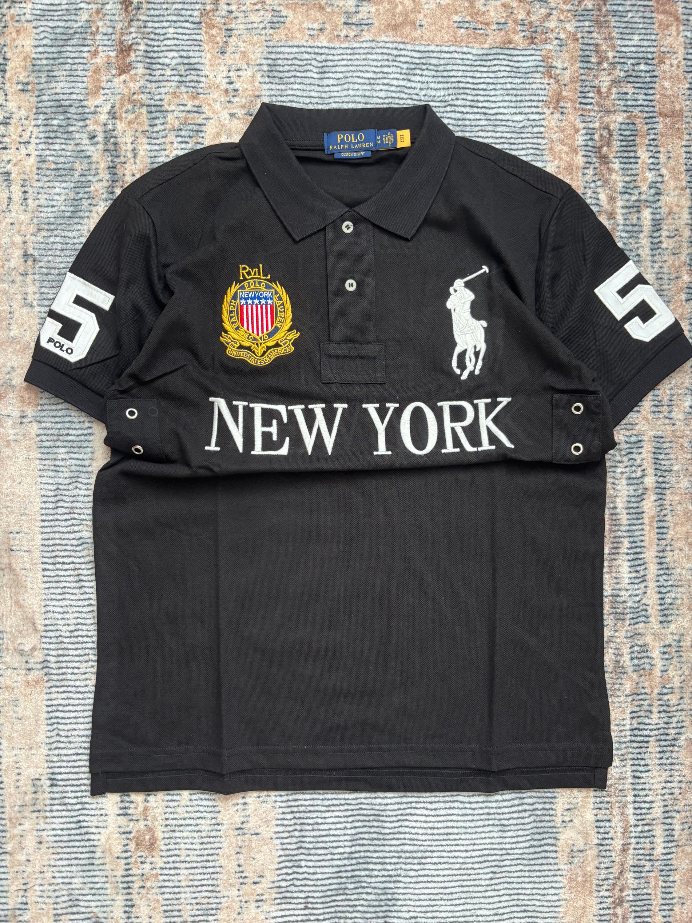 Polo Ralph Lauren ブラックポロシャツ NEW YORK 5 Classic Fit New York Mesh Polo Shirt