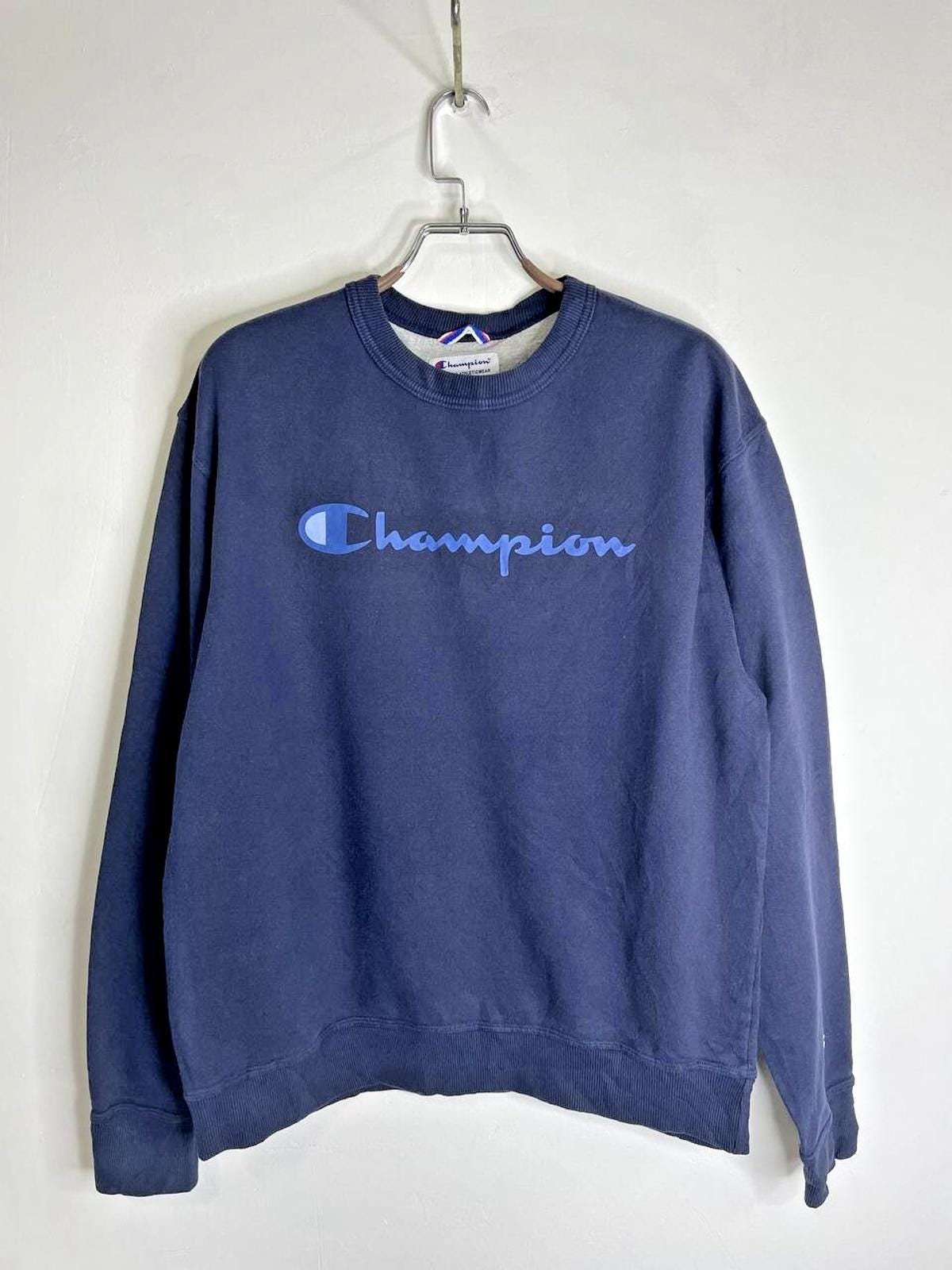 Vintage Champion Navy Blue Sweatshirt L Big Logo Embroidered 