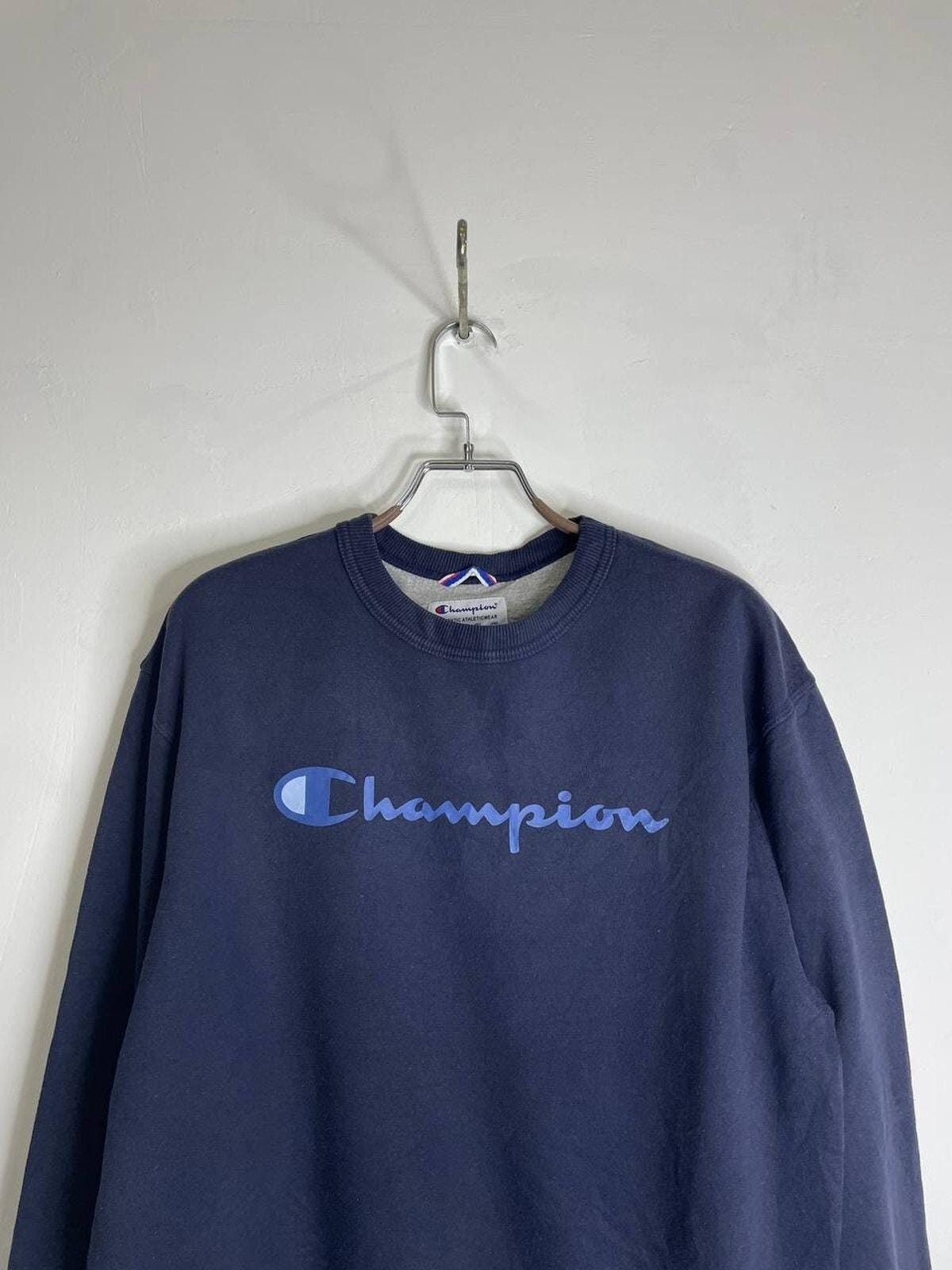 Vintage Champion Navy Blue Sweatshirt L Big Logo Embroidered 