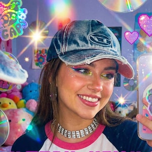 Vintage Diesel Distressed Denim Baseball Cap Y2K Style – Blue & Black Washed Hats with Red Stitching