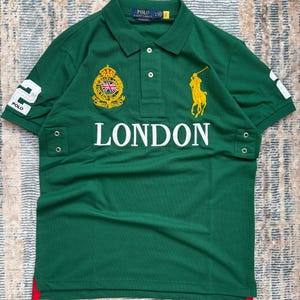 Vintage Polo Ralph Lauren London Polo Shirt Green Gold Crest Embroidered
