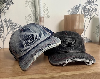 Vintage Diesel Distressed Denim Baseball Cap Y2K Style – Blue