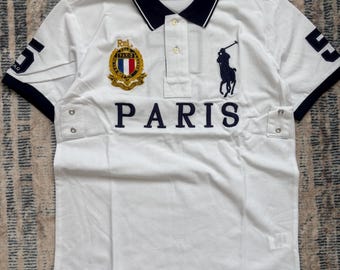 Vintage Polo Ralph Lauren Paris Polo Shirt White Navy Gold Crest Embroidered