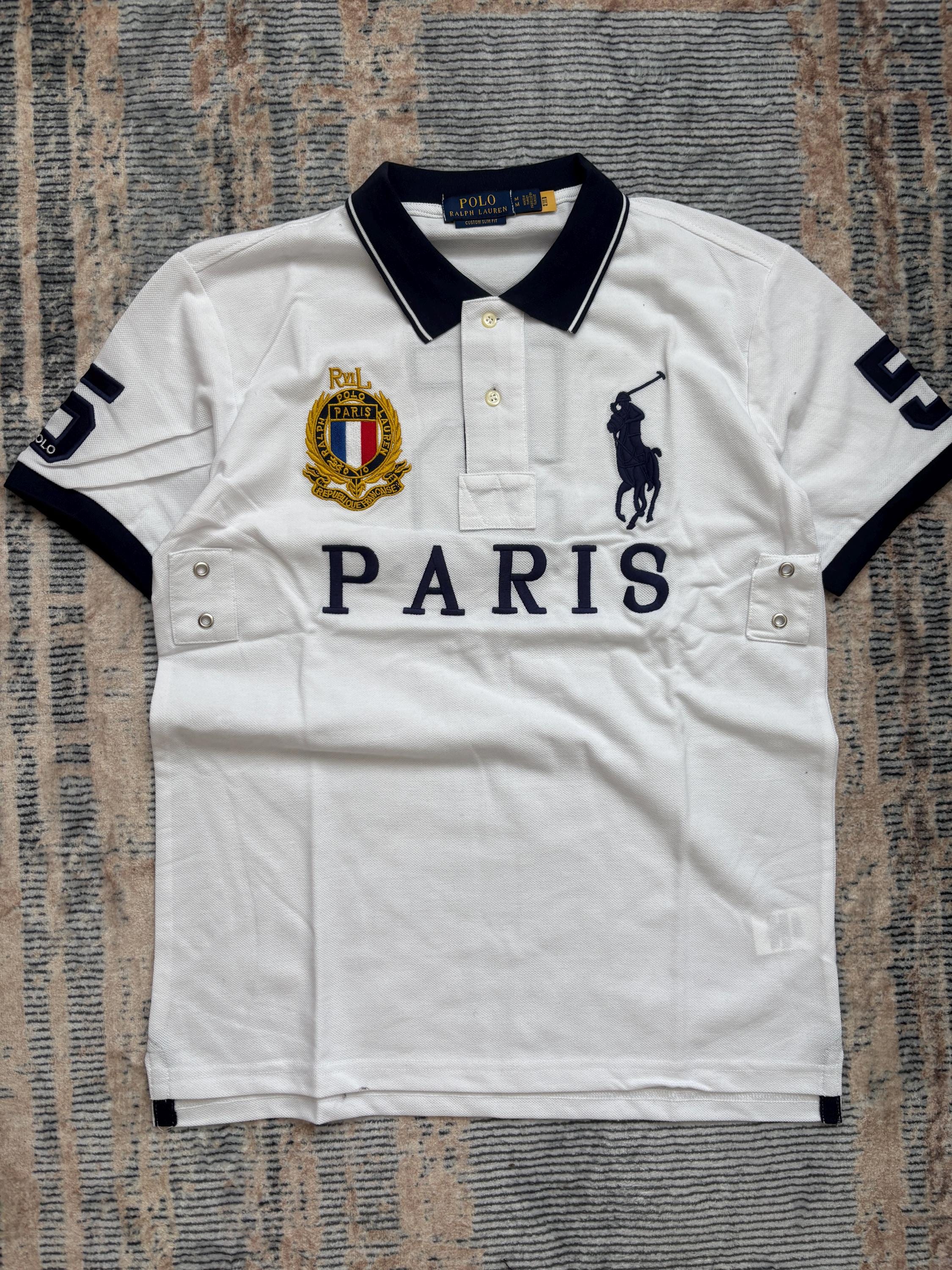 Vintage Polo Ralph Lauren Paris Polo Shirt White Navy Gold Crest