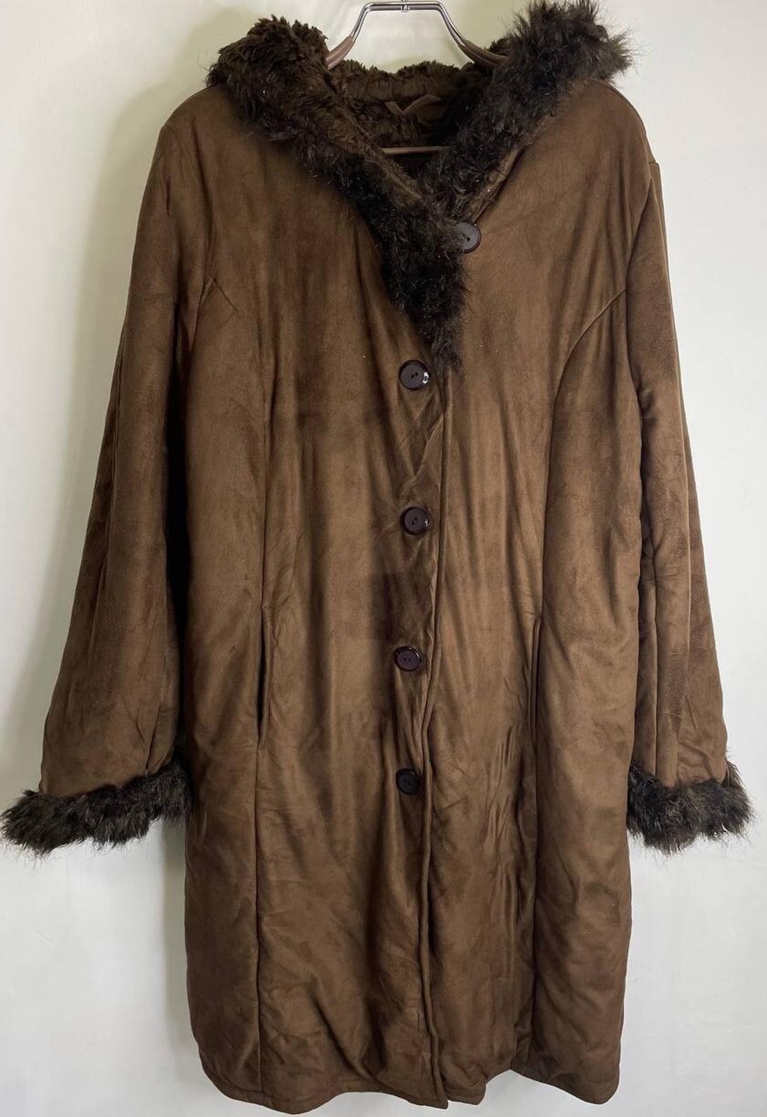 ブラウン スエード ファーコート　昭和レトロ ヴィンテージブラウンフェイクスエードコート、フード付き、フェイク
