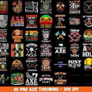 Puede incluir: Una colección de 40 diseños digitales con gráficos de lanzamiento de hacha. Los diseños son de estilo retro con varios colores y lemas. Los diseños incluyen frases como "Axe Throwing Queen", "World Okayest Axe Thrower", "I'd Rather Be Axe Throwing", y "This is My Axe Throwing Shirt".
