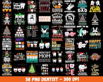 May include: A collection of 58 digital designs featuring various dental-themed illustrations and text. The designs include a variety of colors, including red, green, blue, and black. The designs are perfect for creating t-shirts, mugs, tote bags, and other merchandise.