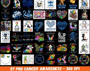 May include: A collection of 57 digital designs featuring colorful graphics and text related to cancer awareness. The designs include ribbons, butterflies, flowers, and inspirational messages. The text includes phrases like "Fight Cancer", "Hope", "Strength", and "Never Give Up".