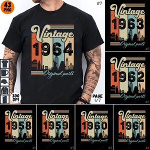 Op de afbeelding: Een zwart T-shirt met een vintage ontwerp met het jaar 1964 en de tekst "Originele onderdelen". Het ontwerp is in retro-stijl met een stadsbeeld en kleurrijke strepen.