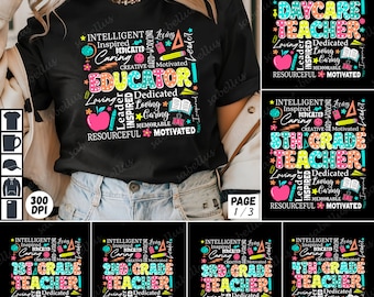 Puede incluir: Una camiseta negra con un diseño gráfico colorido que dice "¡Educador!" con palabras como "Inteligente", "Inspirado", "Dedicado", "Creativo", "Motivado", "Líder", "Cariñoso", "Cuidadoso", "Recursivo" y "Memorables" que rodean la palabra "¡Educador!"