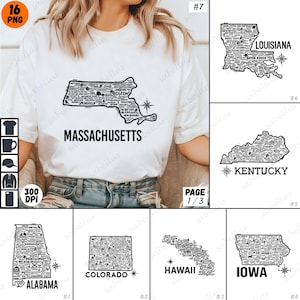 Conception de sublimation de carte d'état, ensemble de PNG de contour d'état, clipart d'état des Etats-Unis, téléchargement numérique, noms d'état, monuments d'état
