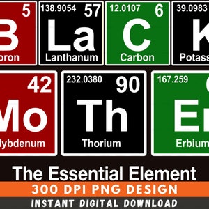 May include: A digital design featuring the chemical elements Boron, Lanthanum, Carbon, Potassium, Molybdenum, Thorium, and Erbium. The design is labeled "The Essential Element 300 DPI PNG DESIGN INSTANT DIGITAL DOWNLOAD".