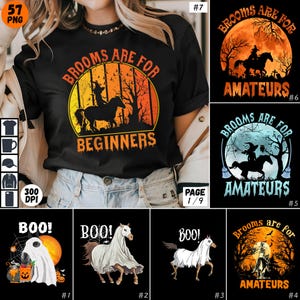 Halloween Horse PNG Bundle Boo Costume Witch Riding Brooms Funny Horse Lantern Spooky Horror Movie Horse Riding Shirt Sublimation