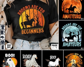 Halloween Horse PNG Bundle Boo Costume Witch Riding Brooms Funny Horse Lantern Spooky Horror Movie Horse Riding Shirt Sublimation