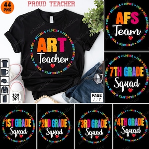 Puede incluir: Un conjunto de 7 diseños circulares coloridos para camisetas. Los diseños presentan las palabras "Art Teacher", "AFS Team", "7th Grade Squad", "1st Grade Squad", "2nd Grade Squad", "3rd Grade Squad" y "4th Grade Squad". Cada diseño está rodeado de un círculo de palabras, que incluyen "Kind", "Reliable", "Loving", "Fun", "Compassionate", "Caring", "Dedicated", "Warm" y "Loyal".
