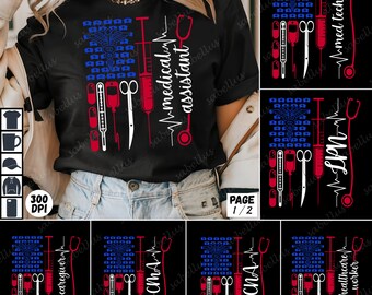 Könnte beinhalten: Schwarzes T-Shirt mit einem Design für medizinische Fachangestellte. Das Design umfasst medizinische Werkzeuge wie eine Spritze, ein Stethoskop und eine Schere, die in einem flaggenartigen Muster angeordnet sind. Der Text "medical assistant" wird vertikal angezeigt.