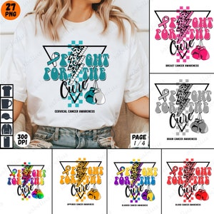 Könnte beinhalten: Ein Satz von 5 digitalen Designs mit einer Grafik von Boxhandschuhen, einem Blitz, einem Band und dem Text "Fight for the Cure". Jedes Design ist in einer anderen Farbe gehalten und zeigt eine andere Art von Krebs-Sensibilisierungsband. Der Text unter jedem Design gibt den Typ der Krebs-Sensibilisierung an.