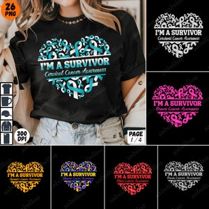 Puede incluir: Un conjunto de 6 diseños digitales que presentan un corazón hecho de cintas con el texto "Soy un superviviente" y el tipo de concienciación sobre el cáncer. Los diseños son de diferentes colores, incluyendo turquesa, rosa, amarillo, morado, rojo y gris.