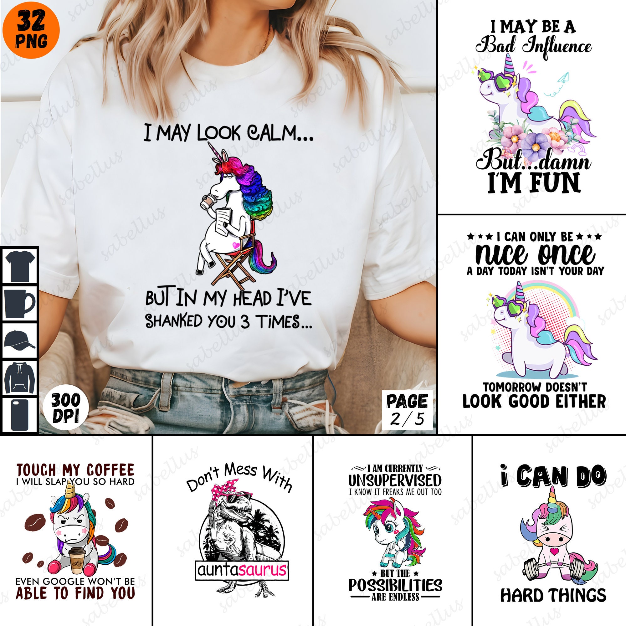 Unicorn Graphic Tee PNG Bundle, Cute Unicorn Shirt Designs, Magical ...