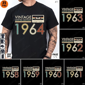 Pode incluir: T-shirt preto com um design retro que apresenta o texto "VINTAGE LIMITED EDITION 1964" e um gráfico de fita cassete. Outros designs mostram t-shirts semelhantes com os anos 1958, 1959, 1960, 1961, 1962 e 1963.