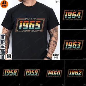 May include: A black t-shirt with a vintage-style graphic design featuring the year 1965 in a colorful, striped font. The text "Vintage" and "Limited Edition" are also included in the design.