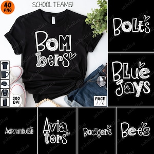 Op de afbeelding: Een set van zes zwart-witte digitale ontwerpen met schoolteamnamen. De namen zijn "Bombers", "Bolts", "Blue Jays", "Aviators", "Badgers" en "Bees".
