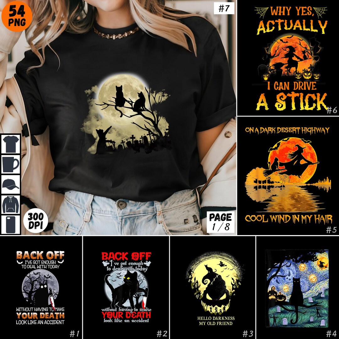 Halloween Cat Sublimation PNG Bundle Black Cat Witch Funny Shirt Cat ...
