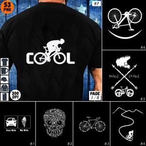 Puede incluir: Un conjunto de 8 diseños digitales en blanco y negro con varios temas de ciclismo. Los diseños incluyen un ciclista montando una bicicleta con la palabra "COOL" escrita arriba, una calavera hecha de piezas de bicicleta, una bicicleta con las palabras "INHALE" y "EXHALE" escritas arriba, una bicicleta con una cara sonriente, una bicicleta subiendo una montaña, y dos diseños diferentes con un coche y un ciclista con las palabras "Your Wife" y "My Wife" escritas debajo.