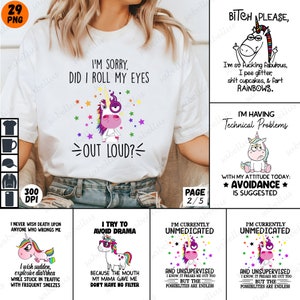 Puede incluir: Un conjunto de cinco dise&ntilde;os digitales con un unicornio con diferentes lemas. Los dise&ntilde;os incluyen "Lo siento, &iquest;he puesto los ojos en blanco?", "Perra, por favor, soy tan jodidamente fabulosa, meo purpurina, cago cupcakes y pedo arco&iacute;ris.", "Estoy teniendo problemas t&eacute;cnicos con mi actitud hoy: *evitar* se sugiere", "Intento evitar el drama porque la boca que mi madre me dio no tiene filtro", y "Actualmente estoy sin medicaci&oacute;n y sin supervisi&oacute;n. Lo s&eacute;, me asusta tambi&eacute;n, pero las posibilidades son infinitas."