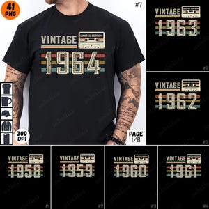 May include: A set of 6 vintage-style t-shirt designs featuring a cassette tape graphic and the text "Vintage" and a year from 1958 to 1964. The designs are in a retro colour palette of red, orange, yellow, and blue.