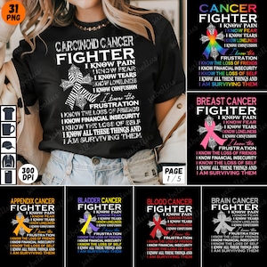 Cancer Fighter PNG Bundle, I Know Pain Fear Tears Loneliness Shirt Sublimation for Appendix Bladder Blood Brain Breast Cancer, Diabetes PNG