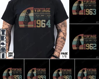 Maglietta chitarra vintage, regalo di compleanno musicale, regalo per papà chitarra retrò, maglietta rock band anni '60, regalo musicisti anni '60, maglietta chitarrista PNG