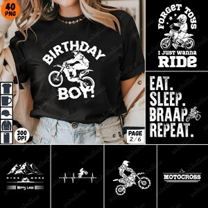 May include: A set of six black and white designs featuring motocross riders and motorcycles. The designs include text such as "Birthday Boy!" and "I Just Wanna Ride".