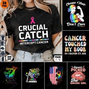 Puede incluir: Un conjunto de seis diseños digitales con cintas rosadas y texto relacionado con la concienciación sobre el cáncer. Los diseños incluyen frases como "Crucial Catch", "Cancer Touched My Boob", y "Cancer Picked The Wrong Girl".