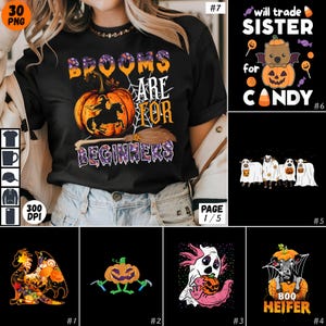 Puede incluir: Un conjunto de 10 diseños gráficos de temática de Halloween con calabazas, fantasmas y otros personajes espeluznantes. Los diseños son perfectos para camisetas, tazas, bolsas de mano y otros productos.