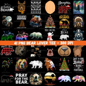 Könnte beinhalten: Eine Sammlung von 41 Bären-Designs für T-Shirts. Die Designs zeigen Bären in verschiedenen Posen und Umgebungen, darunter ein Bär mit einem Weihnachtsmann-Hut, ein Bär mit einem menschlichen Kostüm, ein Bär mit einem Weihnachtsbaum und ein Bär mit einem Fußball. Die Designs sind perfekt für Bärenliebhaber und sind im PNG-Format mit 300 DPI verfügbar.