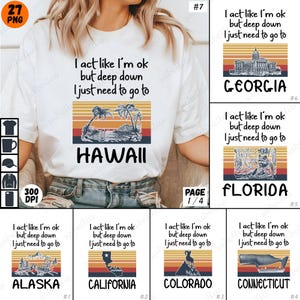 Może przedstawiać: Biały t-shirt z grafiką retro zachodu słońca i tekstem "I act like I'm ok but deep down I just need to go to HAWAII".