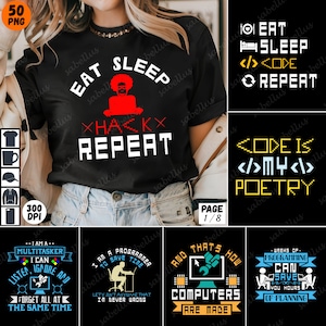 Op de afbeelding: Een set van zes zwart-witte t-shirtontwerpen met tekst en afbeeldingen die te maken hebben met coderen en programmeren. De ontwerpen bevatten zinnen als "Eten Slapen Code Herhalen", "Code is mijn poëzie", en "Ik ben een programmeur om tijd te besparen".