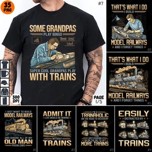 以下が含まれることがあります： 電車と「Some Grandpas Play Bingo」「Super Cool Grandpas Play With Trains」「That's What I Do I Build Model Railways」「I Just Want To Build Model Railways」「Admit It Life Would Be Boring Without Trains」「I'm A Trainholic On The Road To Recovery」「Easily Distracted By Trains」というテキストがデザインされた、黒色のTシャツ5枚セット。