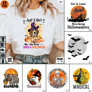 May include: A white t-shirt with a graphic design featuring a beagle wearing a witch hat and surrounded by pumpkins. The text "Just A Girl who loves DOGS & HALLOWEEN" is printed on the shirt.