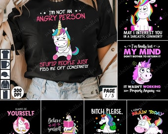 Paquete de unicornios PNG con citas divertidas, sublimación, descarga digital, diseños atrevidos, imágenes prediseñadas mágicas y lindas, gráficos para camisetas de amantes de los unicornios.