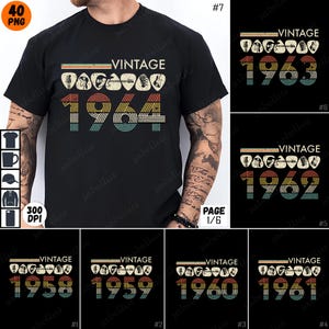 Może przedstawiać: Zestaw dziesięciu wzorów koszulek w stylu vintage z motywem plektronu do gitary z lat 1958-1967. Wzory są w retro kolorystyce pomarańczowej, żółtej i niebieskiej.