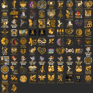 Puede incluir: Una colección de pegatinas doradas y negras con varios diseños, incluyendo lazos, mariposas, corazones y texto relacionado con la concienciación sobre el cáncer. Las pegatinas presentan frases como "Esperanza", "Lucha" y "Superviviente".