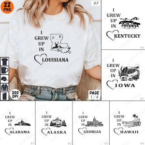 Puede incluir: Una camiseta blanca con un diseño gráfico negro que dice "Crecí en" y presenta un corazón con el estado de Luisiana en su interior. El gráfico está en la parte delantera de la camiseta.