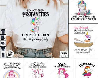 Paquete PNG de unicornio sarcástico, camiseta gráfica de unicornio divertida, frases groseras, diseños humorísticos de unicornio, frases atrevidas y atrevidas, regalo único