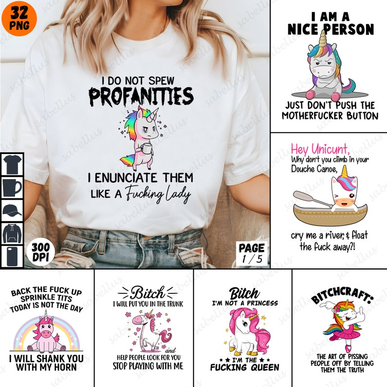 Unicorn Sarcastic PNG Bundle, Funny Unicorn Graphic Tee, Profanity ...
