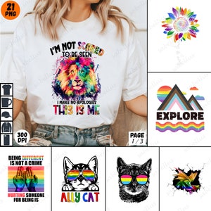 May include: A set of six digital designs featuring a rainbow colour scheme. The designs include a lion with the text "I'm not scared to be seen. I make no apologies. This is me", a cat wearing rainbow sunglasses with the text "Ally Cat", a mountain range with the text "Explore", a sunflower, a cat wearing rainbow sunglasses, and a rainbow dragon breaking through a wall.