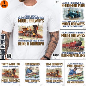 以下が含まれることがあります： 電車と「模型鉄道よりも愛しているものは多くないが、そのうちの1つは祖父である」というテキストがデザインされた白いTシャツ。デザインは茶色の枠で囲まれています。このTシャツは、模型鉄道と関連する言葉を特徴とする7つのデザインのセットの一部です。