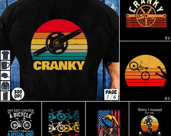 May include: A set of 6 digital designs featuring mountain biking themed graphics. The designs include a mountain biker riding a bike with an American flag, a mountain biker riding a bike with a sunset background, a mountain biker riding a bike with a crankset, a mountain biker riding a bike with a phone call graphic, and a mountain biker riding a bike with a sunset background.