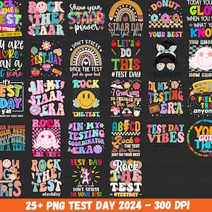 Paquete de más de 25 PNG de prueba, prueba, prueba 1, 2, 3, día de prueba, PNG, profesor, día de prueba, letras retro onduladas, descarga digital PNG